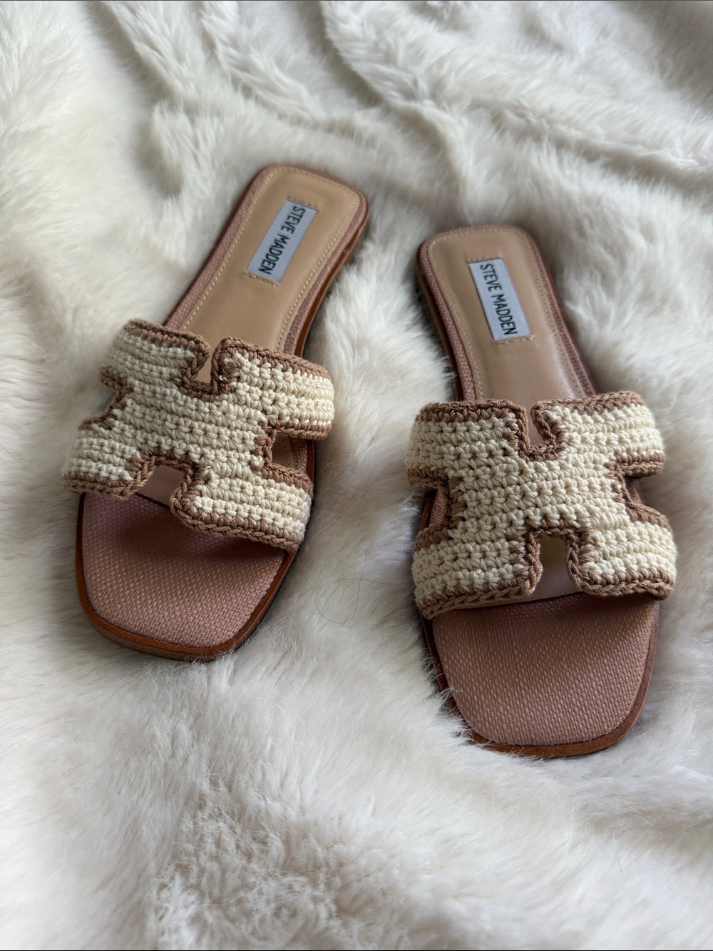 Steve Madden Cream Crochet Slide Sandals with Tan Footbed